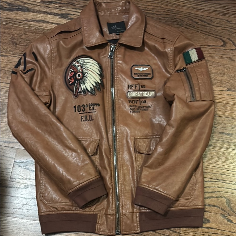 Men's Brown Leather Jacket with Patches